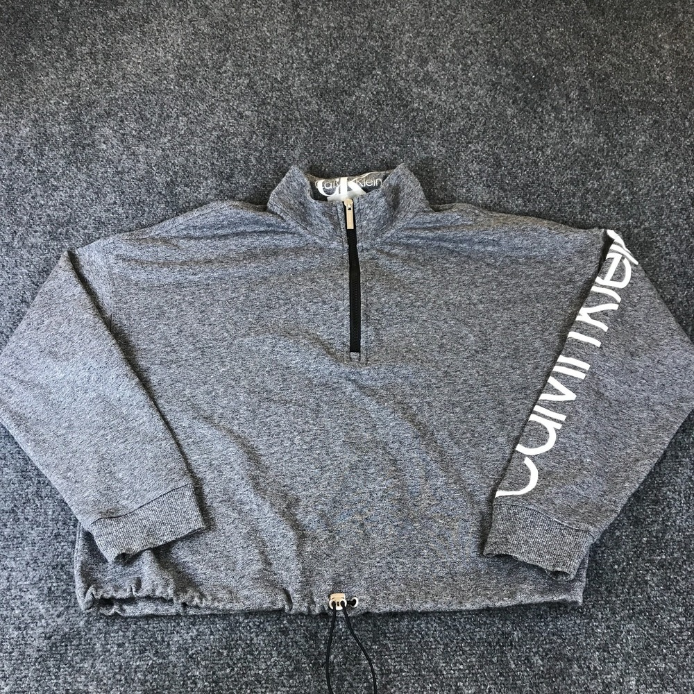Calvin Klein Cropped Sweatshirt Women's‎ L Gray Heather Drawcord Hem Quarter Zip